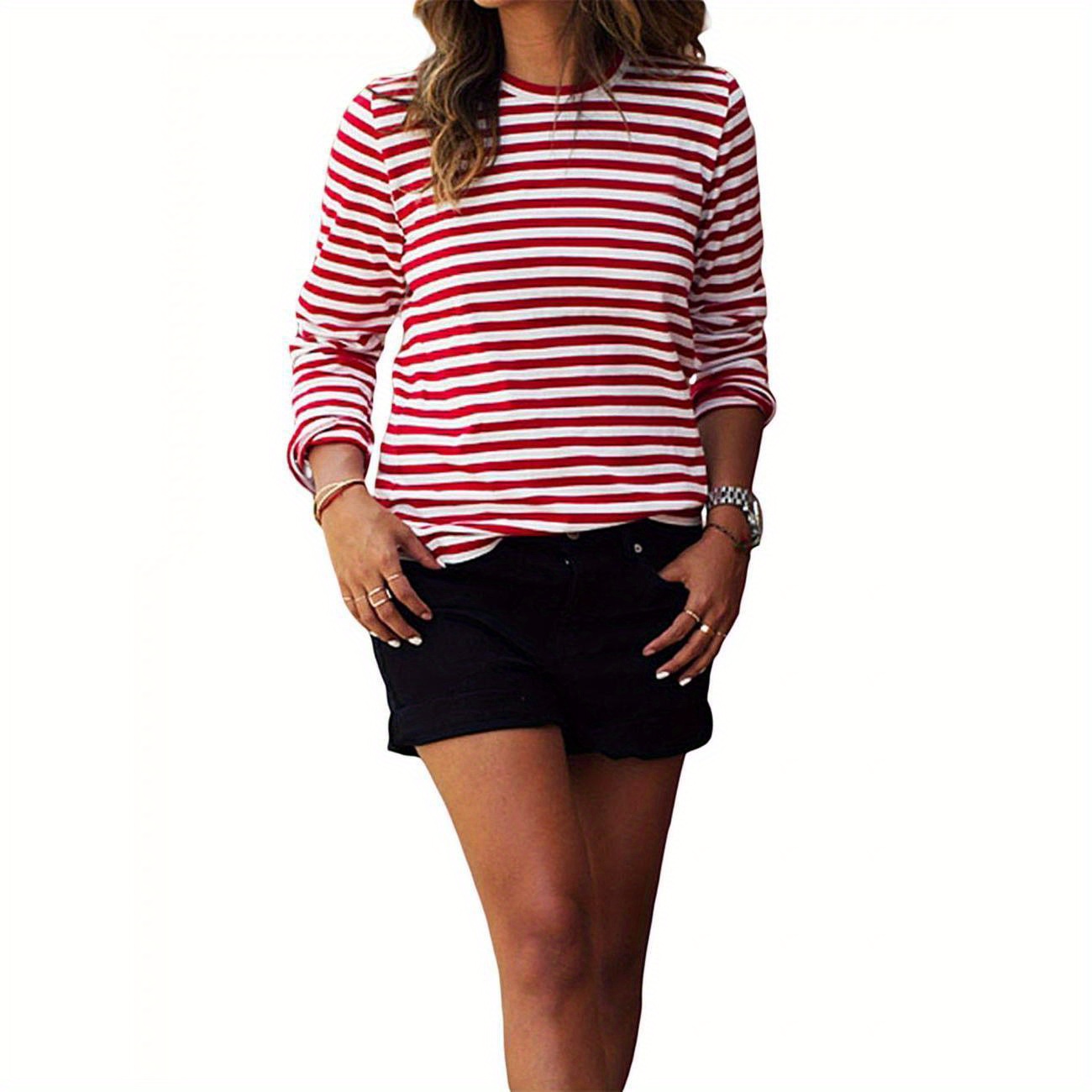 

Women Red White Striped Casual Tops Long Sleeve Round Neck Loose Shirt Fashion T-shirt