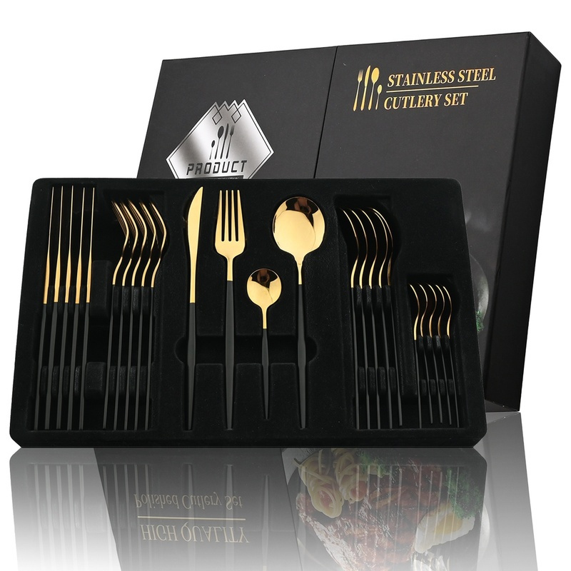 

24-piece Black And Golden Stainless Steel Flatware Set - Elegant Cutlery Including Knives, Forks, And Spoons - Ideal Gift For Kitchen Enthusiasts And Holiday Dinners