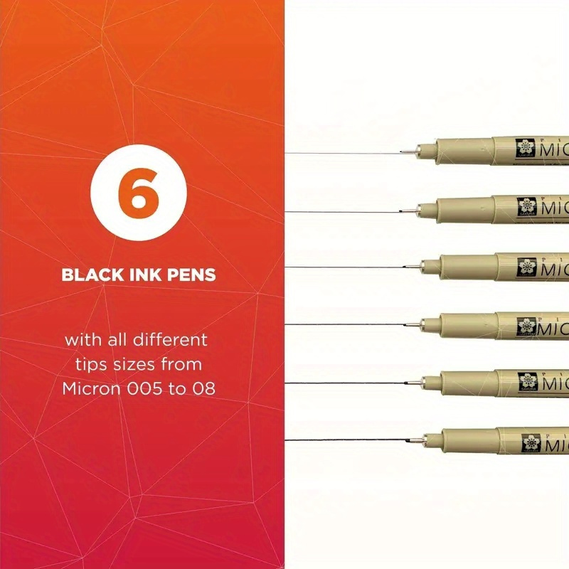 

6-pack Micron Fine Line Pens - Black Gel Pens For Writing, Drawing & Journaling - Professional Grade, Waterproof, - Multiple Tip Sizes From 005 To 08