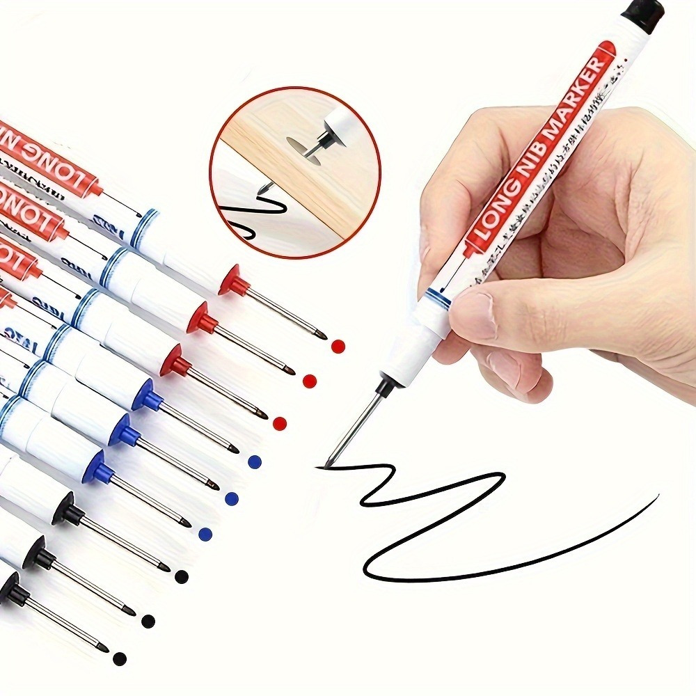 

4pcs Long Nib Marker Pen Set - Medium Point, Waterproof Oil-based Deep Hole Markers For Woodworking, Bathroom Decoration, Multi-surface Use - Red, Black, Green, Blue Ink