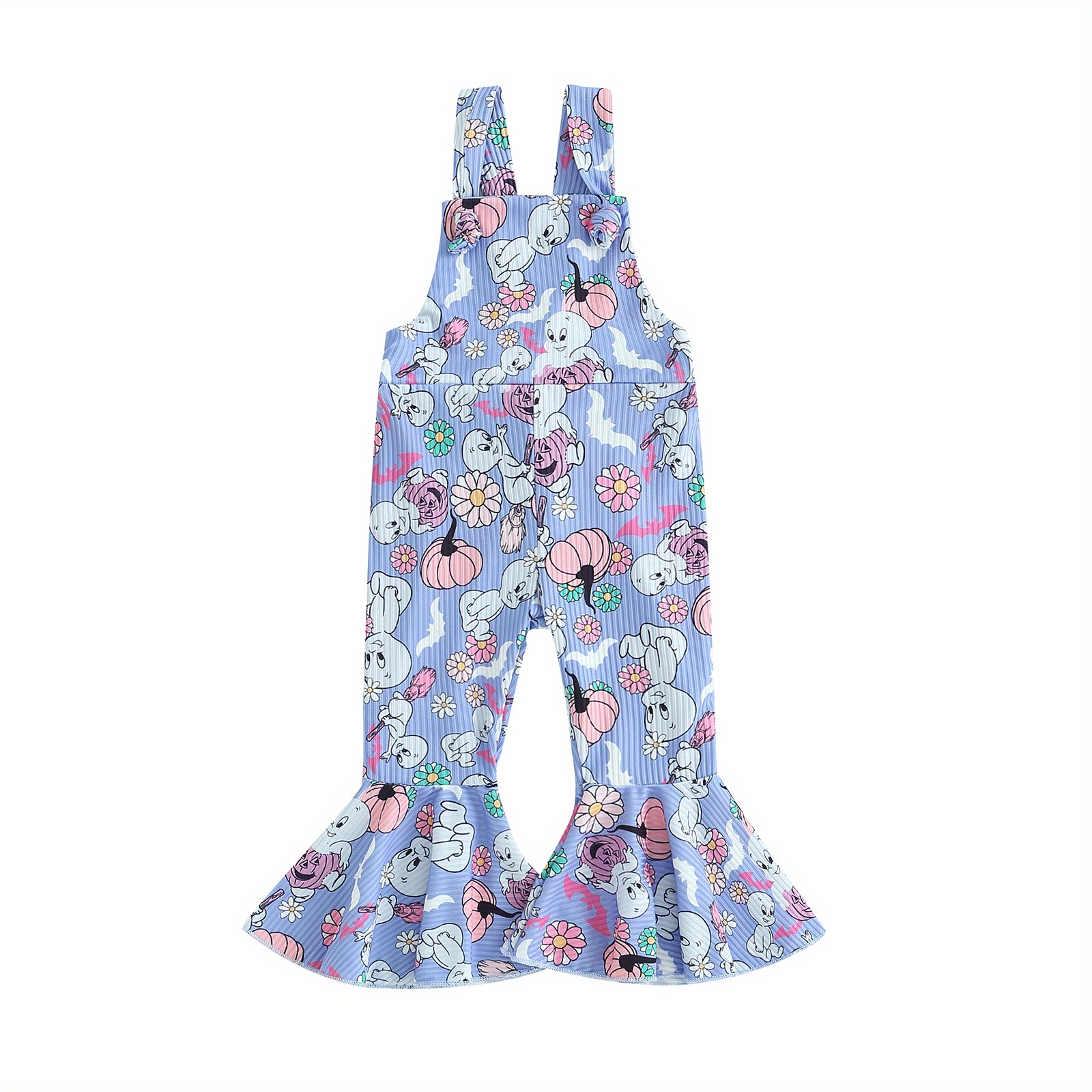 

Toddler Baby Girls Jumpsuit, Sleeveless Square Neck Flower Pumpkin Printed Bell-bottoms Romper