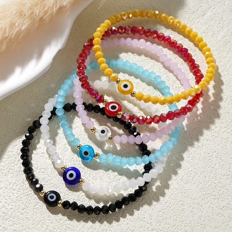 

6-piece Eye Of Protection Bracelet Set, Bohemian Style, Solid Color, Artificial Crystal Bead Bracelets, No Plating, For Women Over 15 Years Old - Ideal Friendship Gift