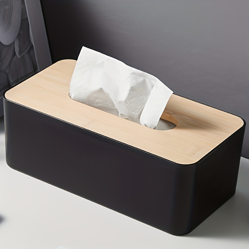 Modern Rectangular Tissue Box Holder With Bamboo Lid - Plastic Tissue Dispenser For Home Office Desk, Living Room, Bedroom, Bathroom - Elegant Tissue Storage Box For Car Use
