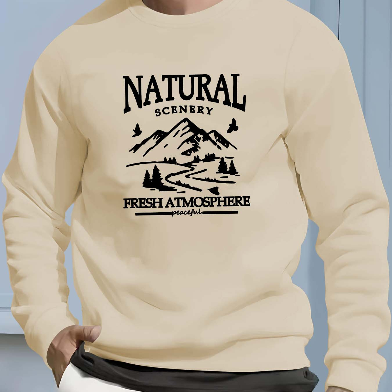 

Natural Landscape Print Men's Pullover Sweatshirt, Casual Streetwear Fashion Long Sleeve Crew Neck Sweater, Basic Top For Sports & Daily Wear