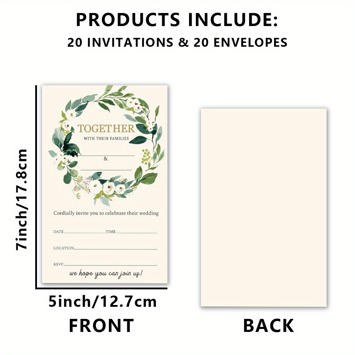 TEMU 20pcs Elegant Wedding Invitation Cards With Envelopes - "" Wreath Design, Style For Celebrations - Ideal For Weddings, Bridal Showers,