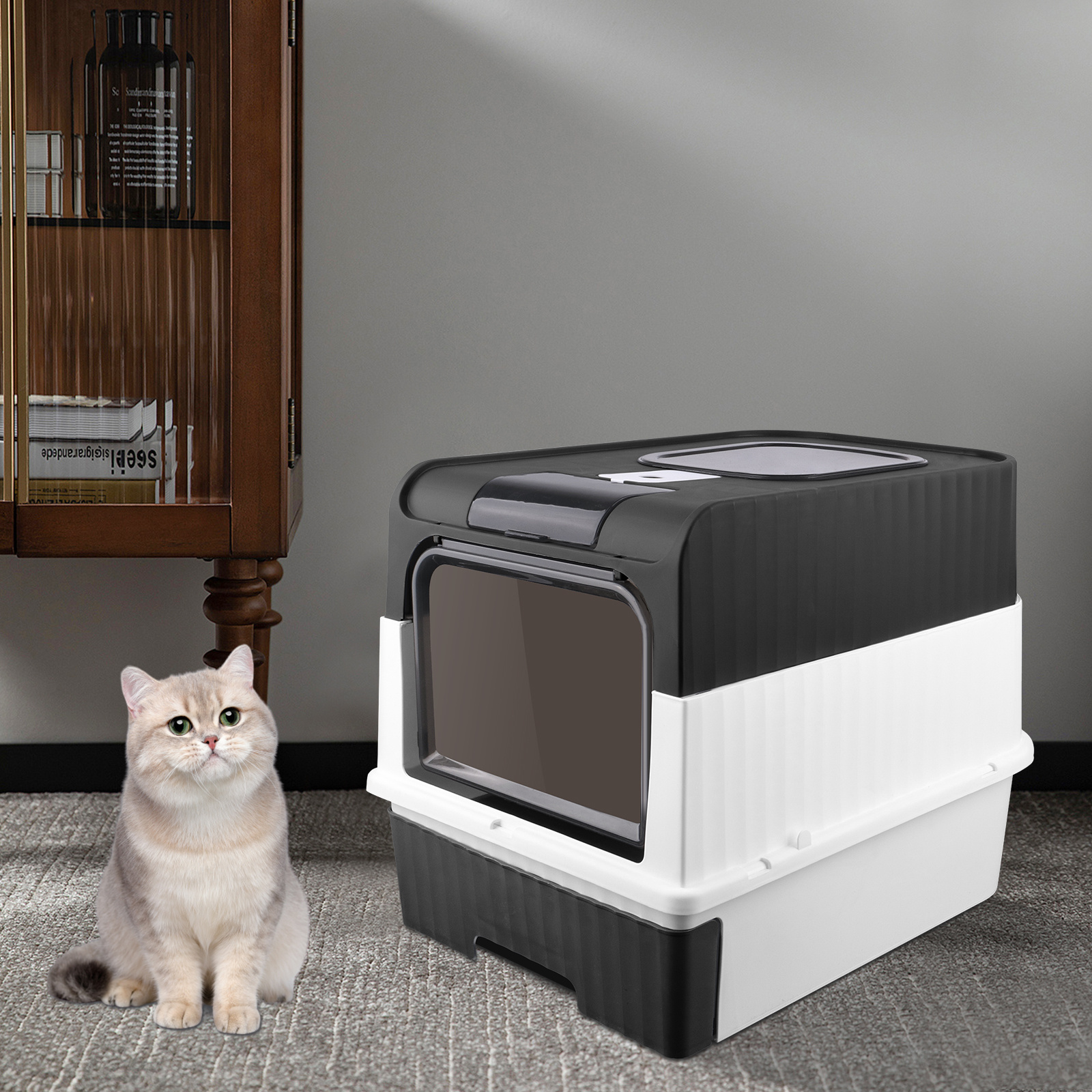 Bac à litière fermé pour chat avec pelle et couvercle | Plateau amovible, 49*37*35cm, Rectangulaire en PC