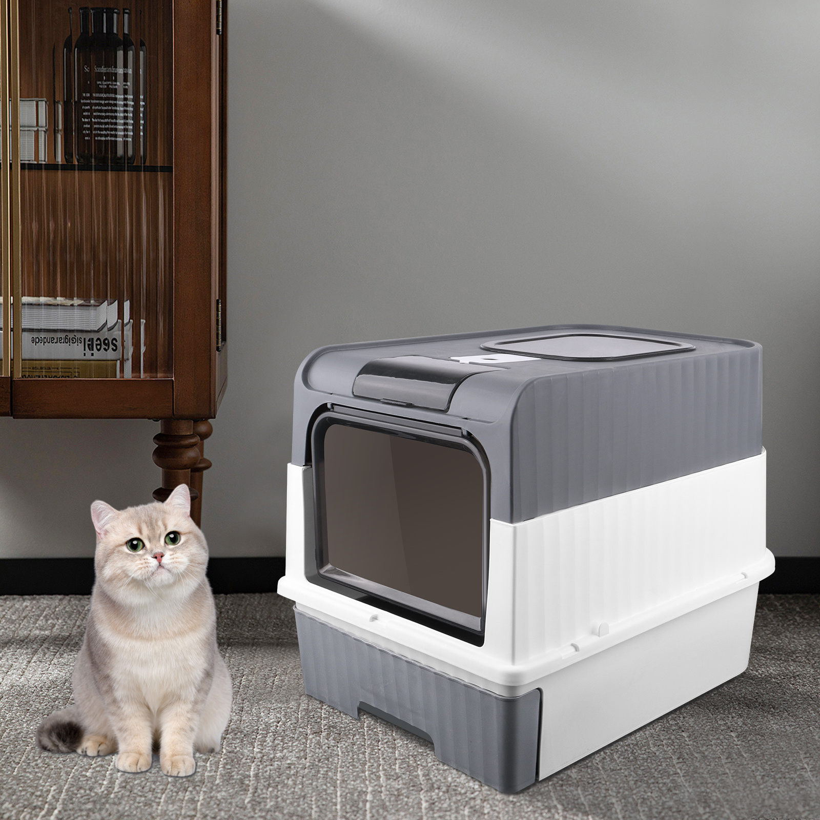 Bac à litière fermé pour chat avec pelle et couvercle | Plateau amovible, 49*37*35cm, Rectangulaire en PC