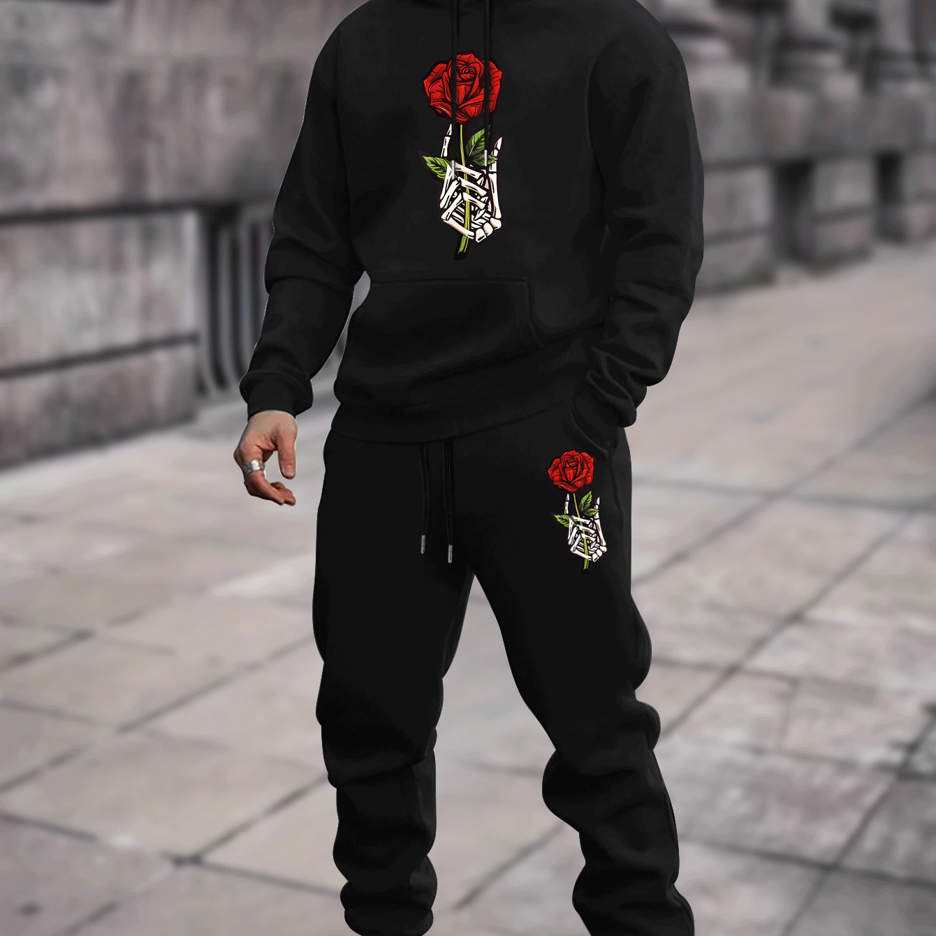 

Men's Casual Sportswear Set - Rose Print Hoodie & Joggers, Stretch Fabric, Machine Washable