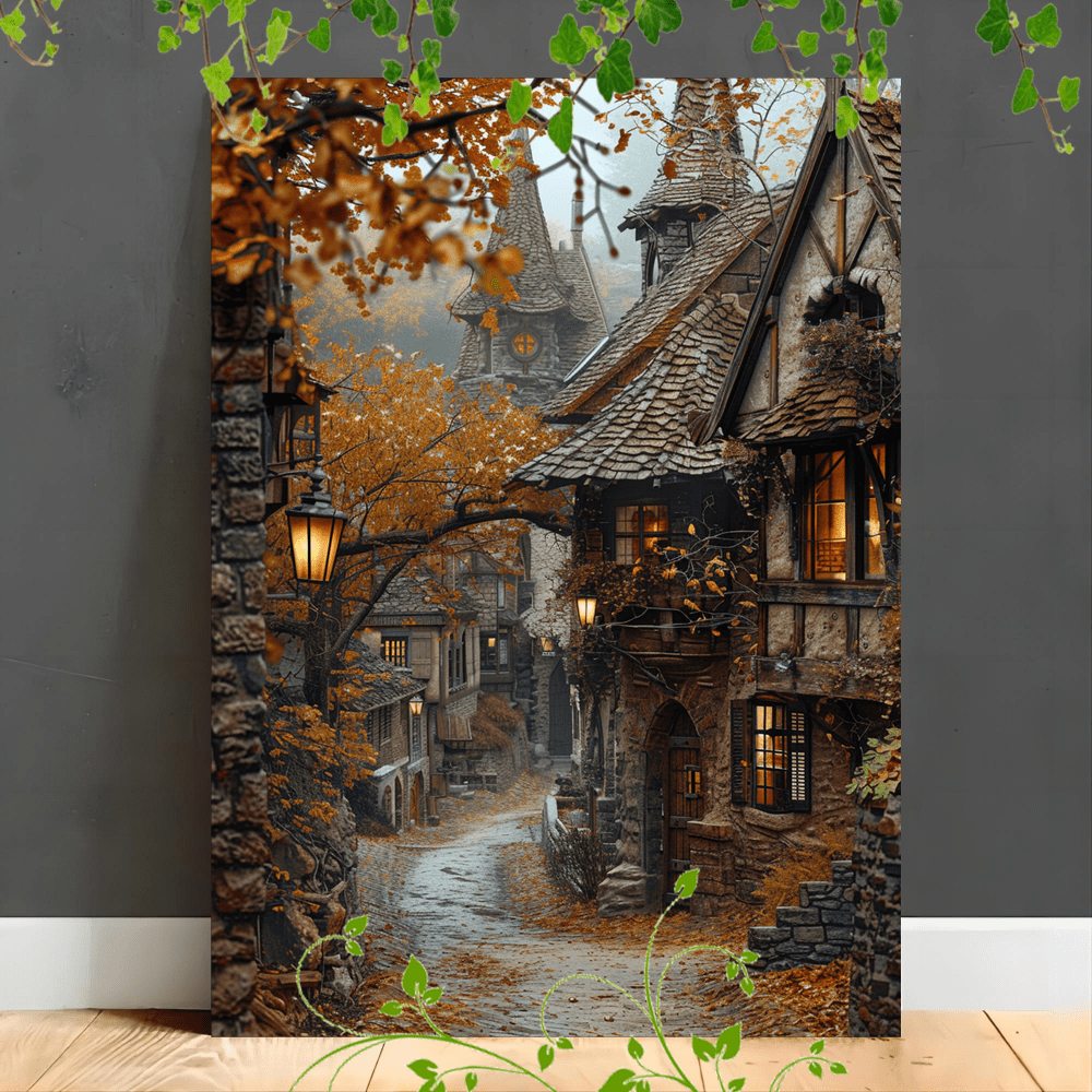 

1pc Wooden Canvas Painting Artistic Printing, Room Decoration Suspensibility Autumn Village, Medieval Architecture, Warm Tones.(2)