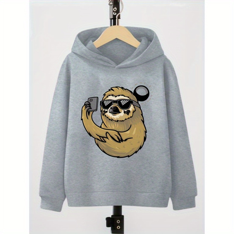 

Cartoon Fashion Sloth With Sunglasses And Phone Print, Boy's Casual Comfy Round Neck Pullover Hoodies, Autumn And Winter Clothing