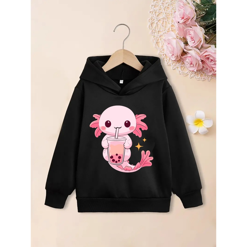 

Girls' Fashion Hooded Sweatshirt - Cute Axolotl & Bubble Tea Print, Polyester Fabric, Casual Style, Comfortable For Spring/autumn