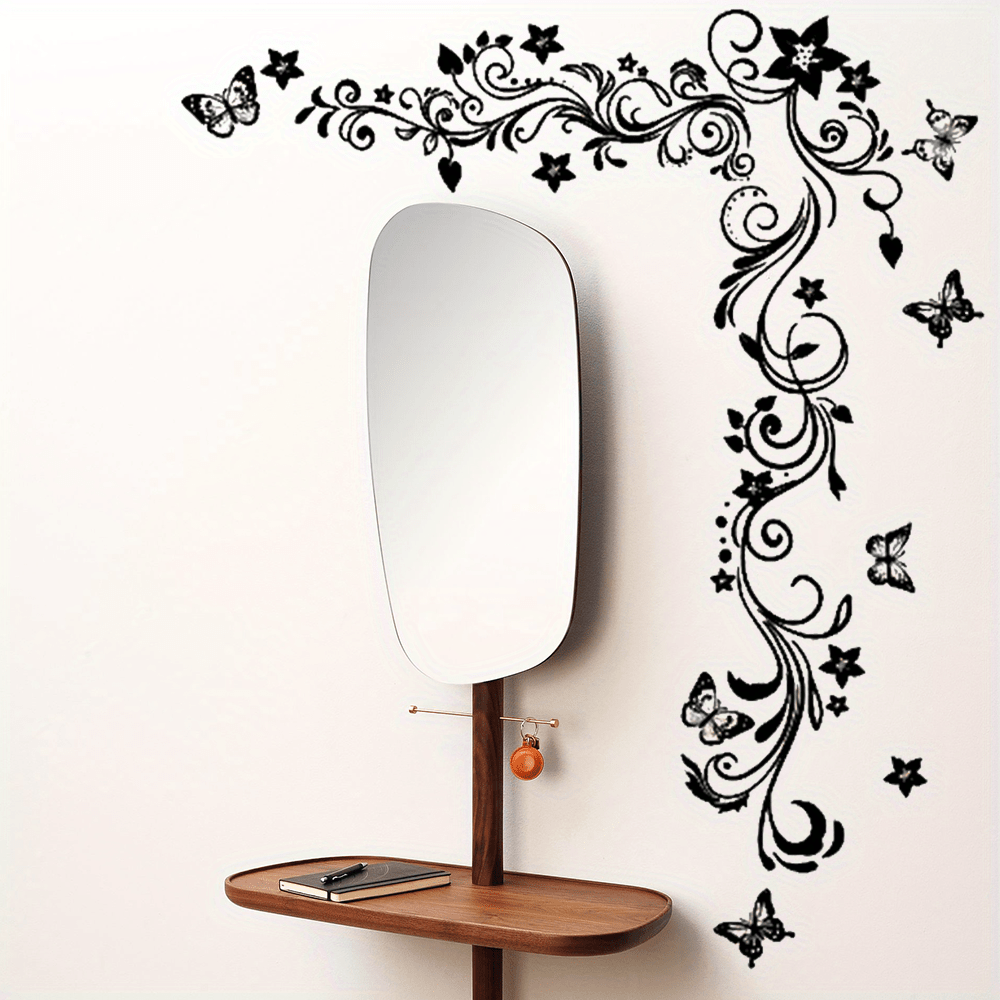Image of 1 Set Of Pvc Black Vine Diagonal Flower Wall Stickers, Living Room Tv Background Wall Decoration Stickers, Waterproof Self-adhesive Removable Stickers, Modern Art Home Decoration