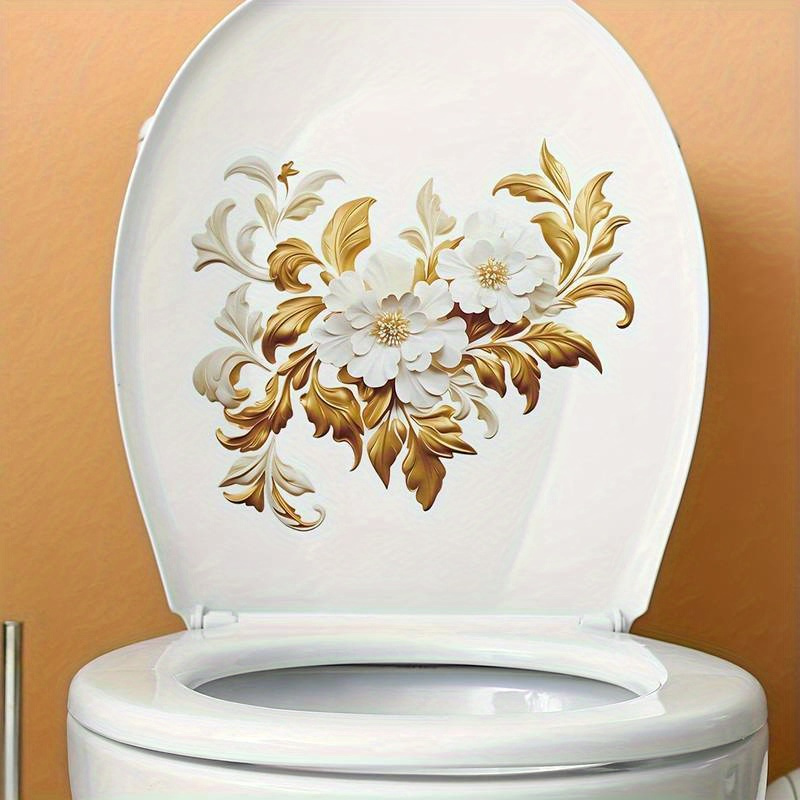 

Golden Floral Toilet Lid Decal - Self-adhesive Bathroom Wall Sticker For Elegant Decor
