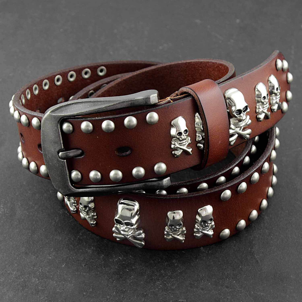 Skull Buckle Leather Belt - Gothic Punk Biker Belt For Men With Wide Design