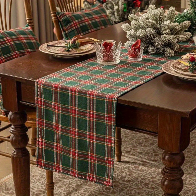 

Christmas Cheer Table Runner - Red Tartan Plaid, Polyester, Perfect For Holiday Dining Decor Thanksgiving Decorations For Home Holiday Decor