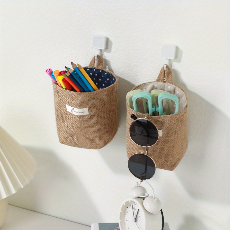 

Wall-mounted Bamboo Fabric Storage Bags: Desk Organizers For Pens, Scissors, And Kitchen Utensils