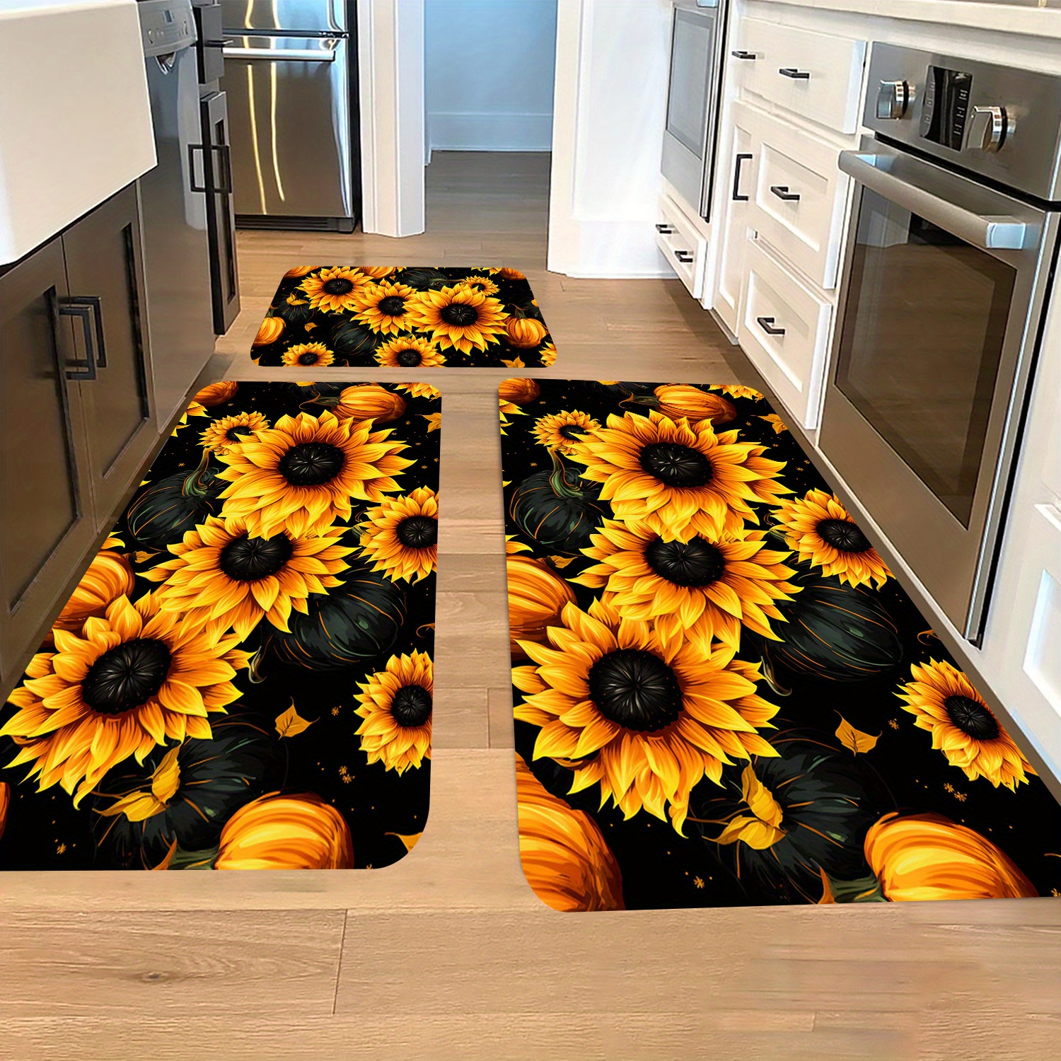 

3 Piece Sunflower Kitchen Rugs Set, Non-slip Washable Floor Mats For Bedroom, Living Room, Indoor Use, Polyester Flannel Area Rugs, Easy Care Machine Washable Carpets