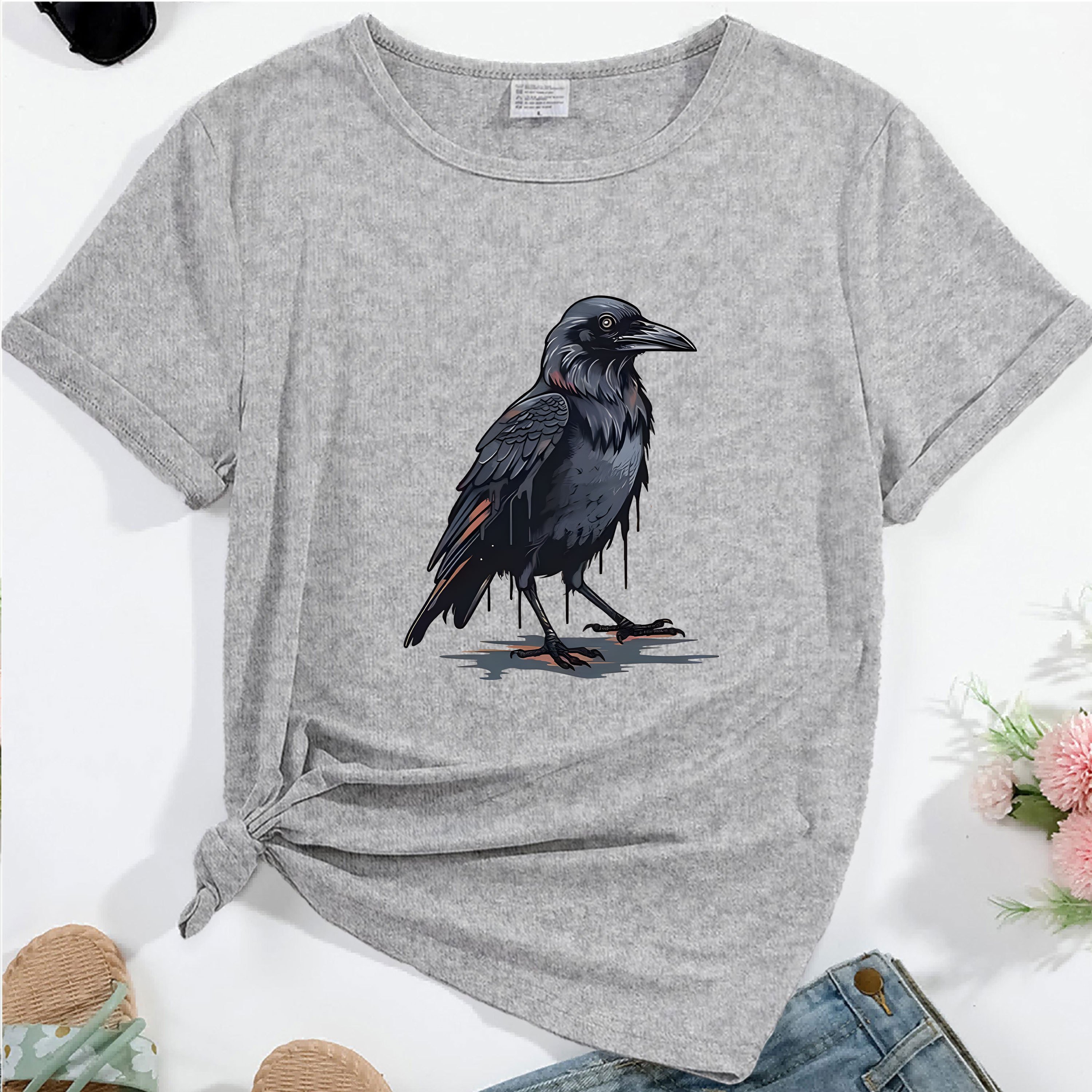 

Crow Print Pattern T-shirt - Comfortable Casual Round Neck Short Sleeve Top, Women's Sportswear, Polyester Knit Fabric, Slightly , Suitable For All , Women's Clothing, In Multiple Colors