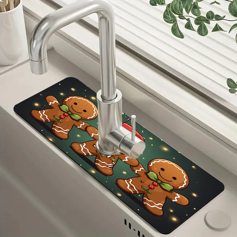 

1pc Christmas Gingerbread Man Faucet Drain Mat, Polyester Dish Drying Mat, Sink Water Draining Pad, Moisture-proof Anti-slip, Multi-use Kitchen Countertop Protector, Bathroom Accessory