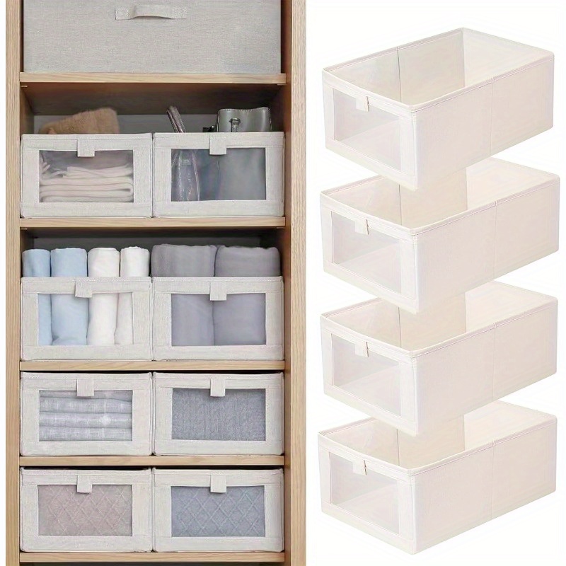 

4pcs Organizers With Clear Window - Foldable Storage Bins For Clothes, Jeans & More - , Space-saving Design In Cream