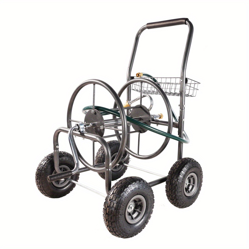 Heavy Duty Garden Hose Reel Cart With Wheels - Holds 125 Ft Of 5/8" Hose, Includes 3.9ft Leader Hose & Storage Basket - Powder Coated Steel