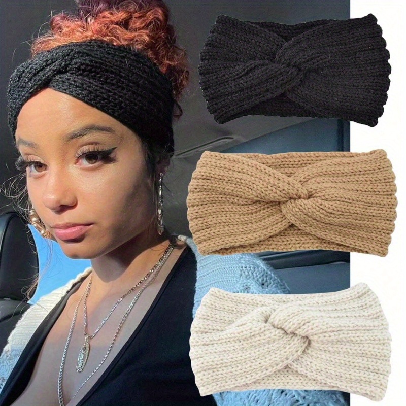 

3-pack Women's Knitted Headbands - Polyester Warm Elastic Headwarmers With Toggle Closure, Machine Washable, Adult Size For Christmas & Winter Occasions - Woven Texture Wide Hairbands