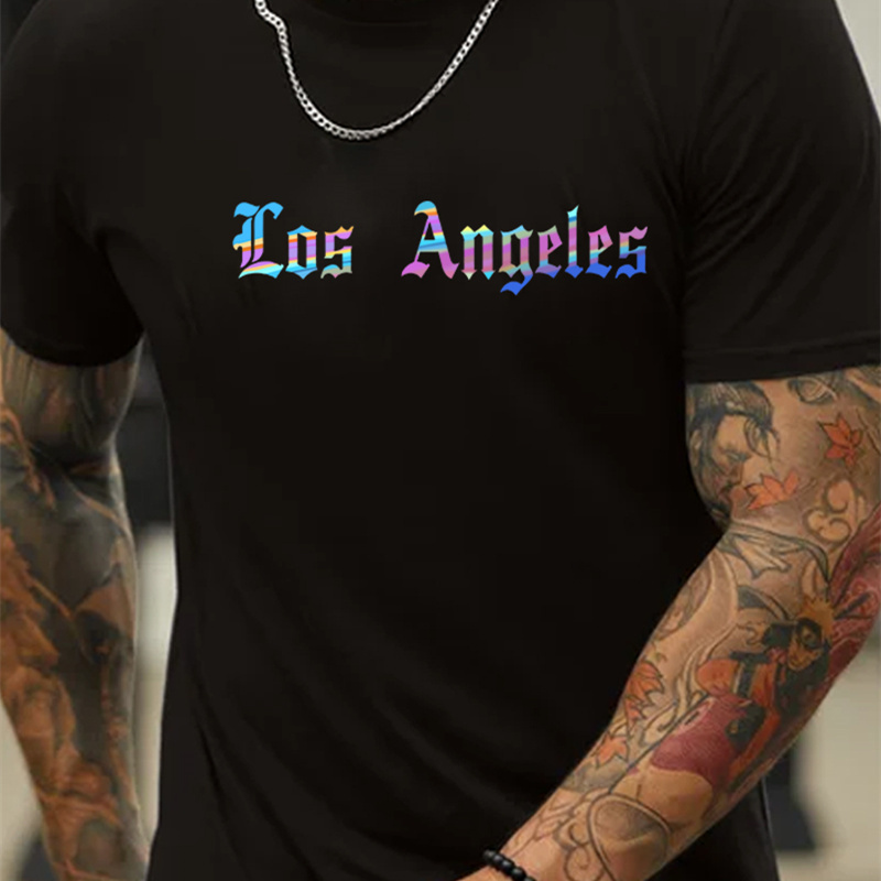 

Los Angeles Vibrant Letter Print Men's T-shirt - Casual Crew Neck, Short Sleeve, Breathable Polyester - Summer, Los Angeles, Colorful , Fashion, Casual, Men's T-shirt