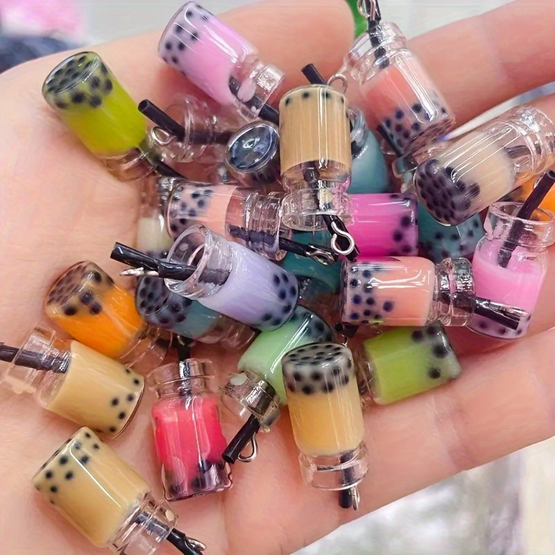 

12-pack 3d Boba Tea Glass Charms - Assorted Faux Fruit Juice Bottle Pendants For Keychain, Phone Case & Jewelry Crafting