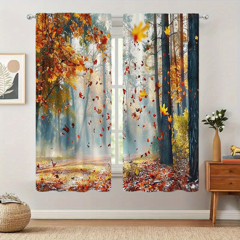 

Vintage Autumn Forest Jacquard Polyester Doorway Curtains - 2 Piece Set Leaf Print, Machine Washable, Noise Reducing Lining For Living Room Home And Office Decor