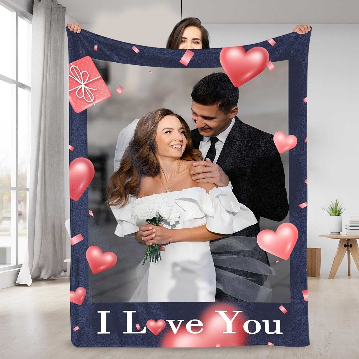 

Custom Photo Blanket - "i Love You" Personalized Flannel Throw & Gift - Ideal For Couples & Family - Cozy Gift, Navy Blue