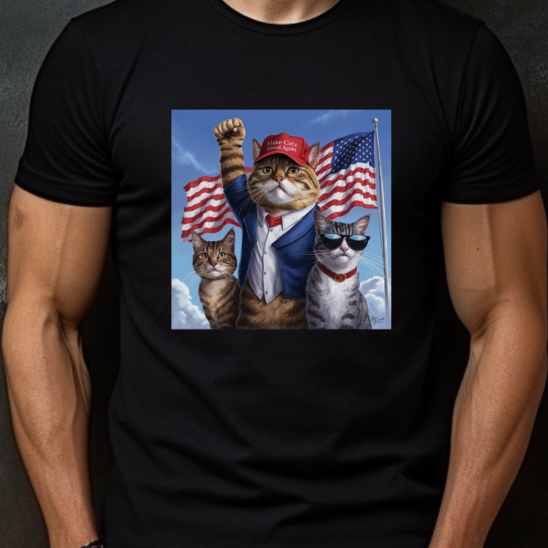 

Men's Creative Cotton Top, Casual Short-sleeved Crew Neck T-shirt, Summer Outdoor Men's Wear With Funny Cartoon Fight Cat Print