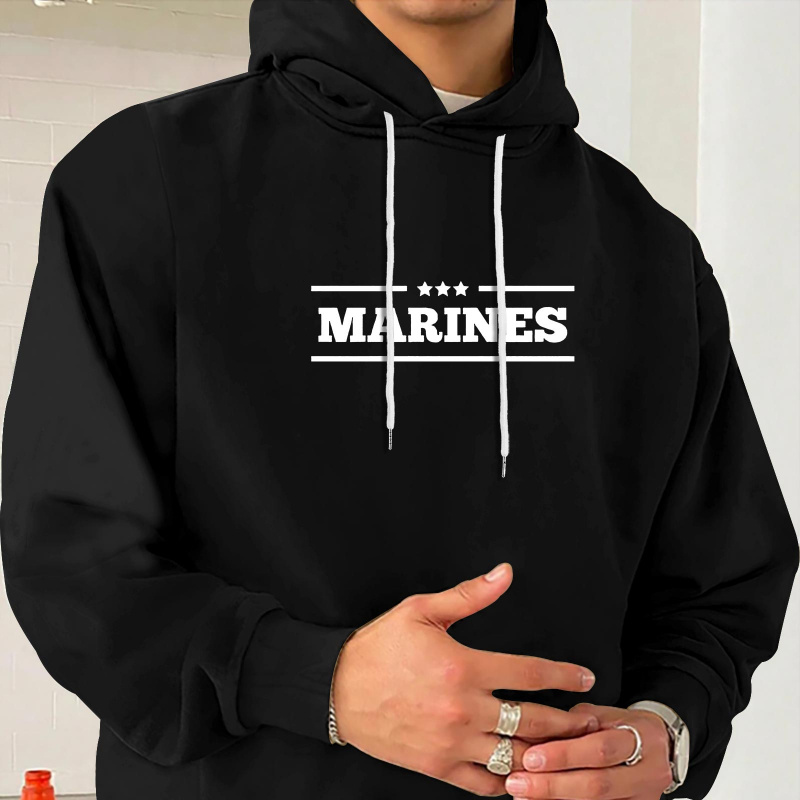 

Plus Size, Marines Print Men's Comfortable Stylish Drawstring Hoodie With Long Sleeves, Meticulously Crafted For Autumn & Winter Wear, Big & Tall Guys