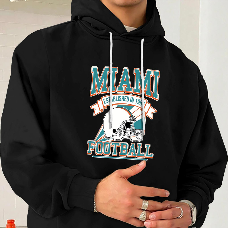 

Plus Size, Miami Football Print Men's Comfortable Stylish Drawstring Hoodie With Long Sleeves, Meticulously Crafted For Autumn & Winter Wear, Big & Tall Guys