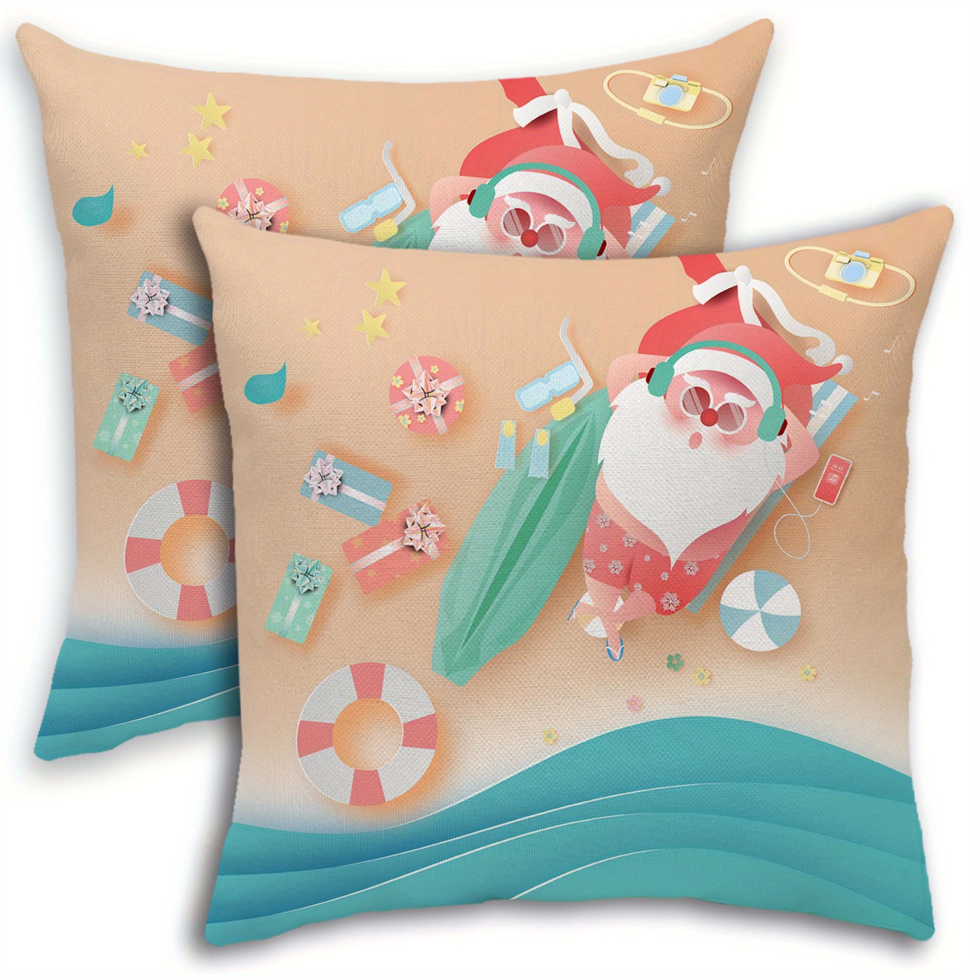 

Santa Beach Holiday Themed Throw Pillow Covers, Set Of 2, Woven , Contemporary With Zipper Closure, Machine Washable, Fits Room Types - 18x18 Inches