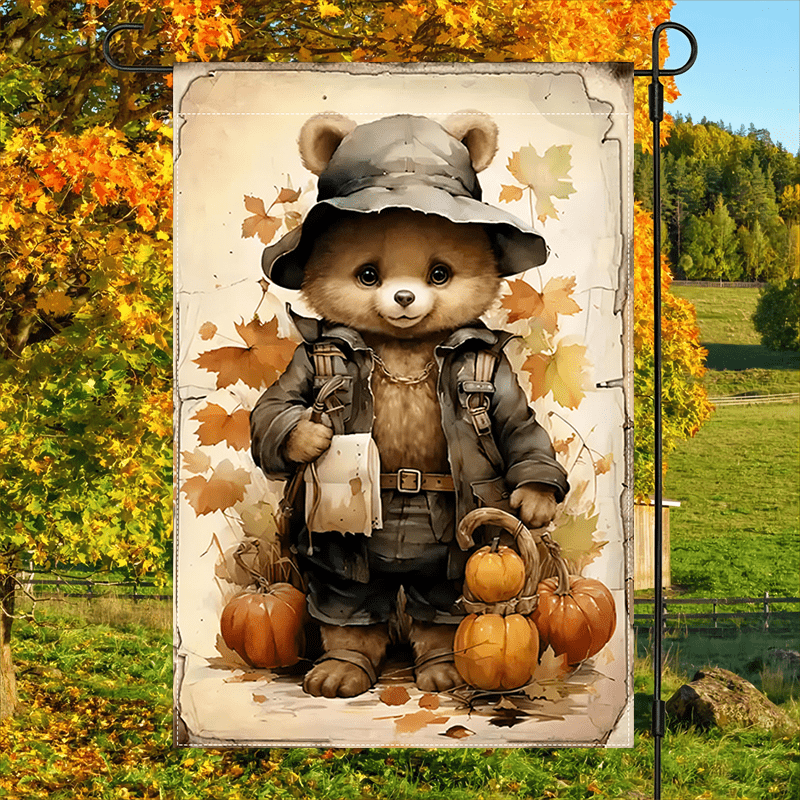 

Autumn Harvest Woodland Bear & Pumpkin Garden Flag - Polyester Weatherproof Yard Decoration, Double-sided Outdoor Fall Maple Leaves Banner, Multipurpose, No Electricity Required, 12x18 Inch - 1pc