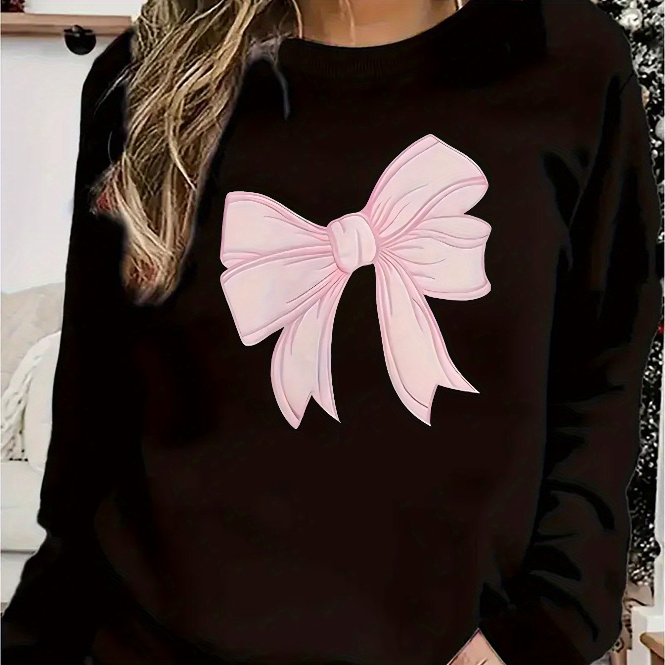 

Women's Simple Bow Print Pattern Casual Sports Long Sleeve Crew Neck Sweatshirt