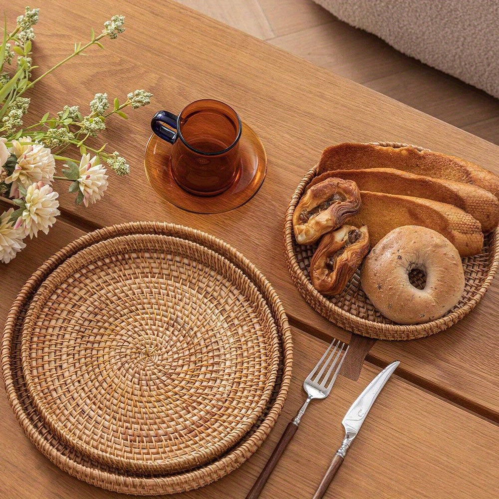 

1pc Round Wicker Serving Tray - Perfect For Kitchen & Dining, Ideal For Fruit, Snacks, Bread, And Breakfast Trays For Serving Food Food Tray