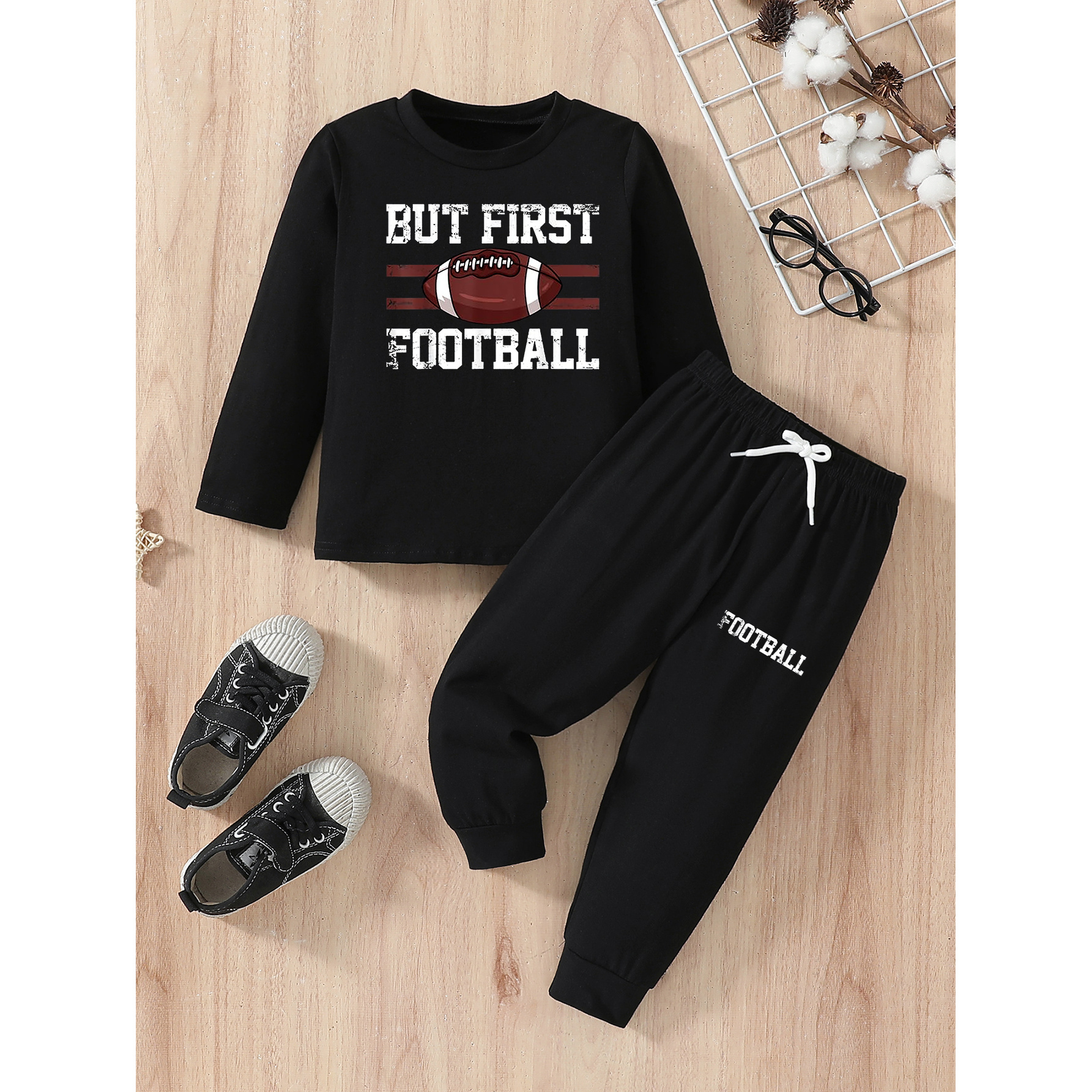 

But First Football Print 2pcs Baby Boys Long Sleeves T-shirt & Sweatpants Co-ord Set, Casual Comfy Versatile Toddlers Spring/summer/autumn Clothing