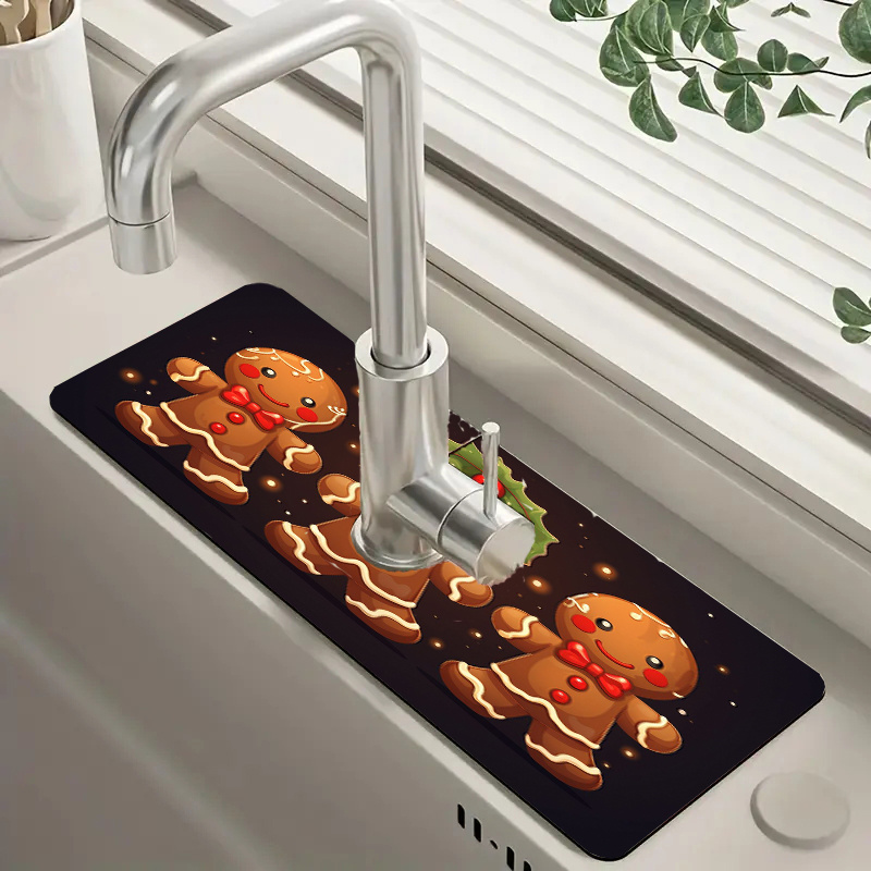 

1pc Christmas Gingerbread Man Kitchen Sink Mat, Polyester Dish Drying Mat With Faucet Draining Pad, Moisture Proof Non-slip Multipurpose Countertop Protector, Kitchen And Bathroom Accessory