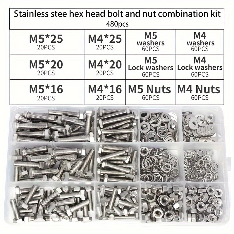 TEMU 480pcs Hex Head Bolts And Nuts Assortment Kit, Hex Nuts With Washers, Kit For Applications, Durable, Heavy Duty, Ideal For, Home Improvement,