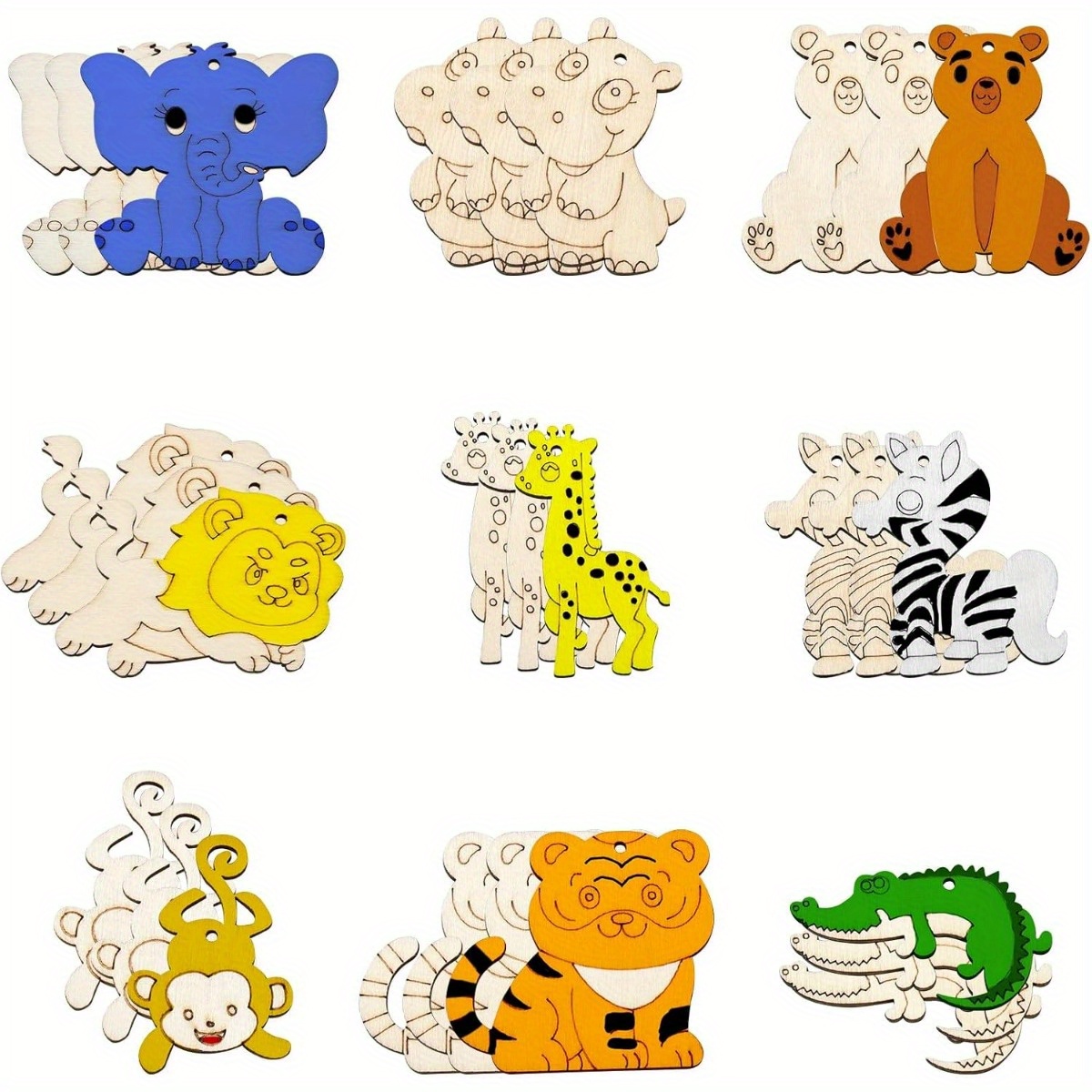 

30pcs Jungle Animal Wooden Cutouts Set - Diy Craft Shapes For Crocodile, Lion, Monkey, Elephant, Tiger, Giraffe - Perfect For Party & Holiday Decorations