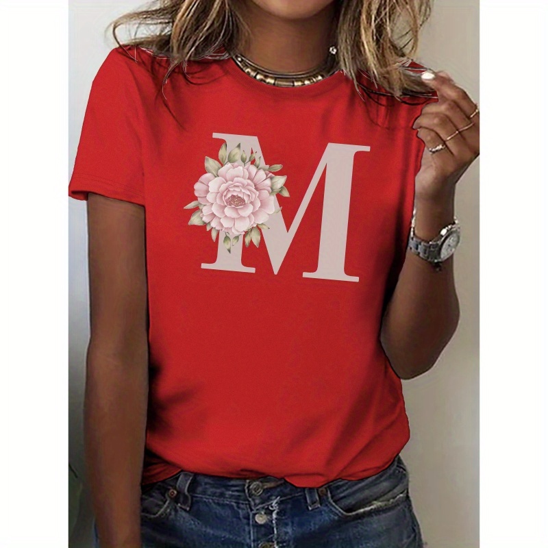 

M Monogram With Flowers Pure Cotton Women's Tshirt Comfort Fit