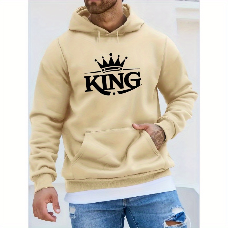 

King With Crown Simple Graphic Print Men's Versatile Drawstring Hoodie With Long Sleeves & Kangaroo Pocket, Trendy Outdoor Clothing For Male Autumn & Winter Wear