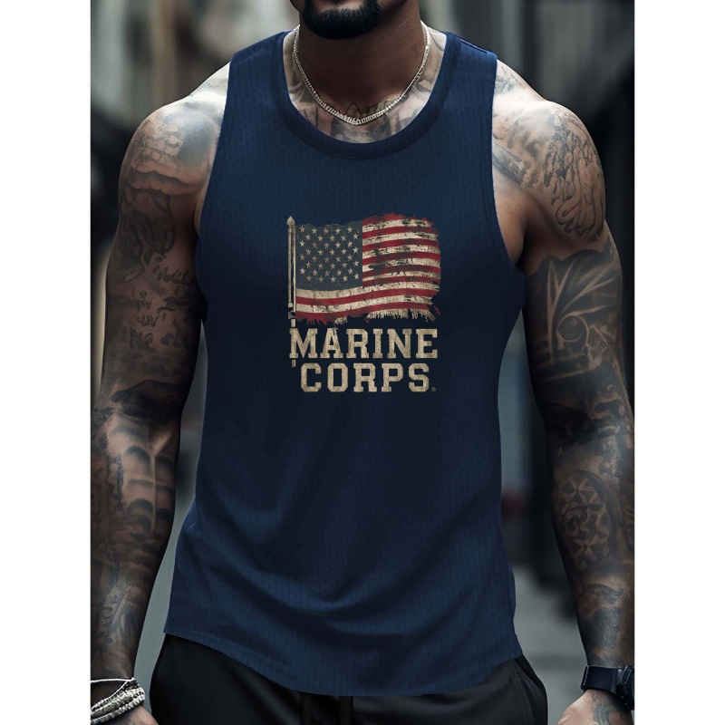 

Flag Marine Corps Print Casual Summer Vest For Men, Round Neck Casual Sleeveless Athletic Tank Top, Adult Sleeveless Shirt