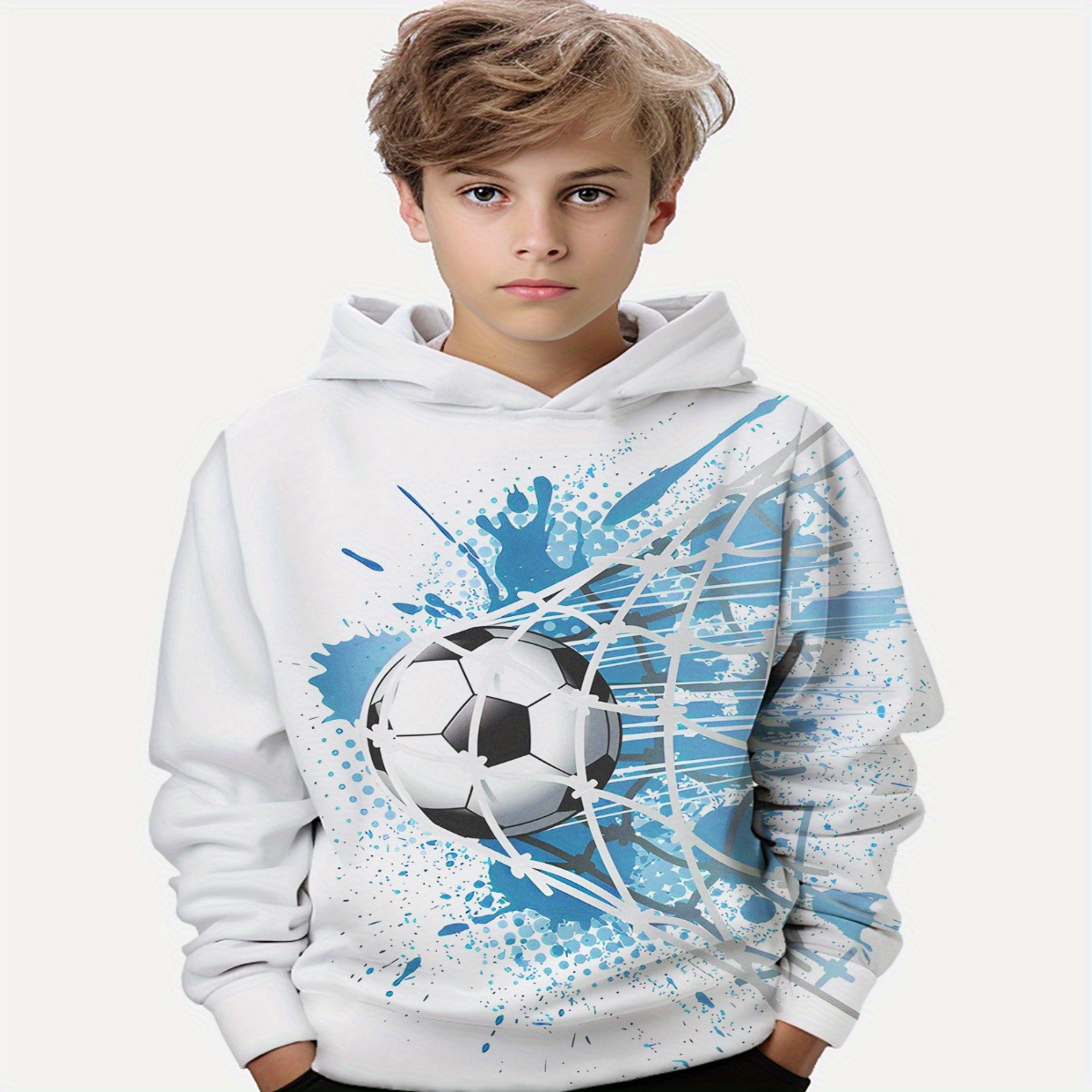 

Splash Ink Soccer 3d Print Hoodies For Boys - Casual Graphic Design With Stretch Fabric For Comfortable Spring/autumn Wear