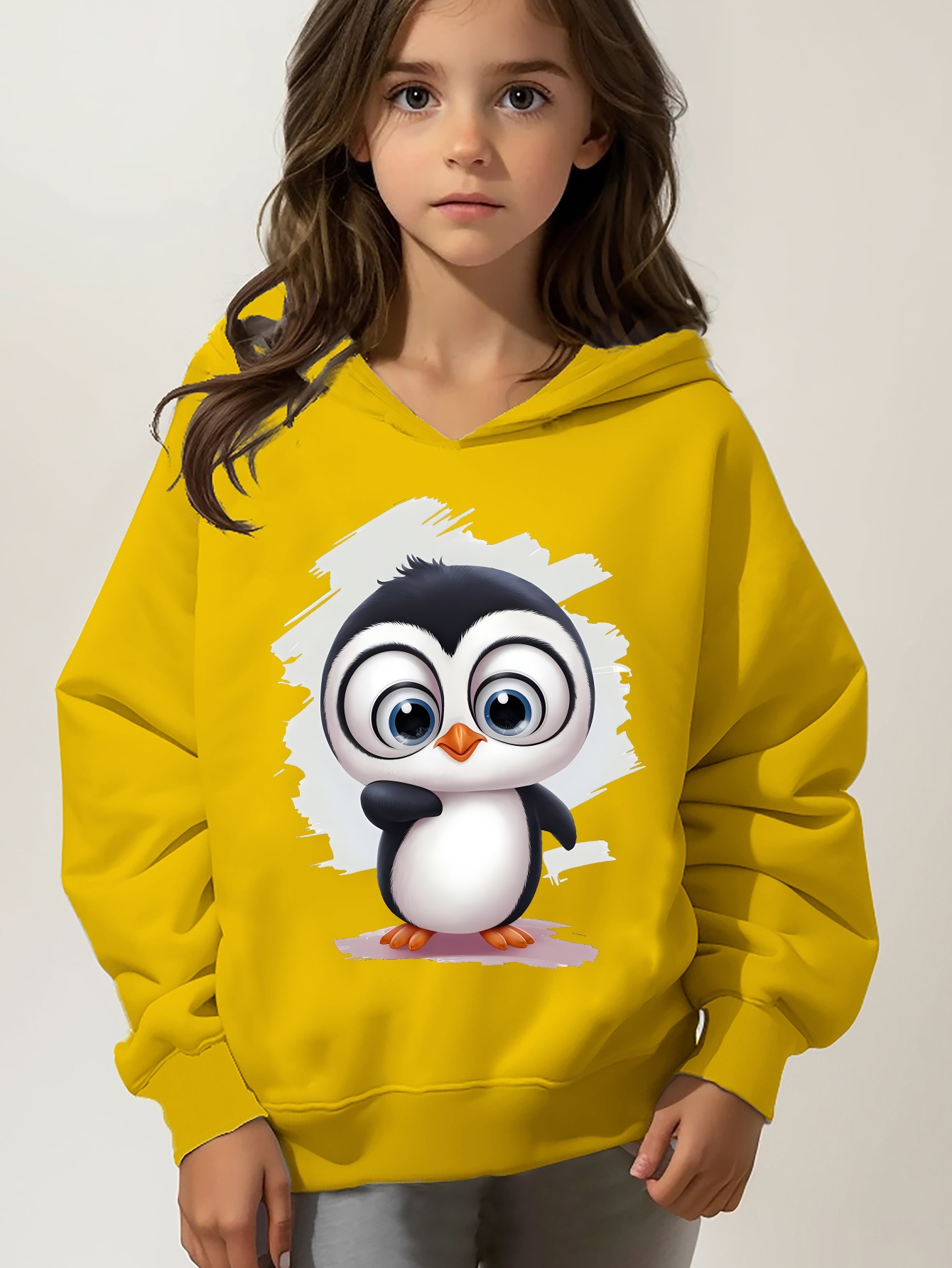 Girls' Cute Penguin Hoodie Beige Long Sleeve Pullover Sweatshirt, Cozy  Fall/Winter Kids' Hooded Top for Everyday Penguin Lovers, Outerwear
