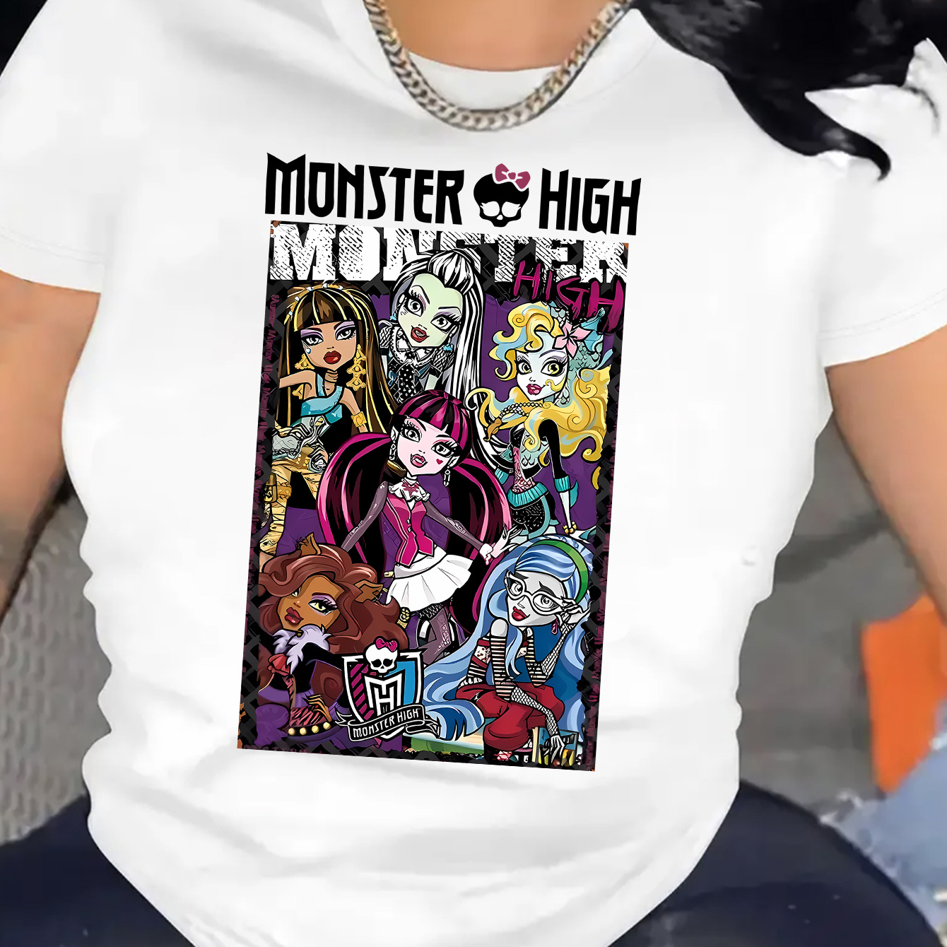 

Women's Casual Sports T-shirt, Round Neck, Short Sleeve, Monster High School Print, Women's Leisure Sports Wear