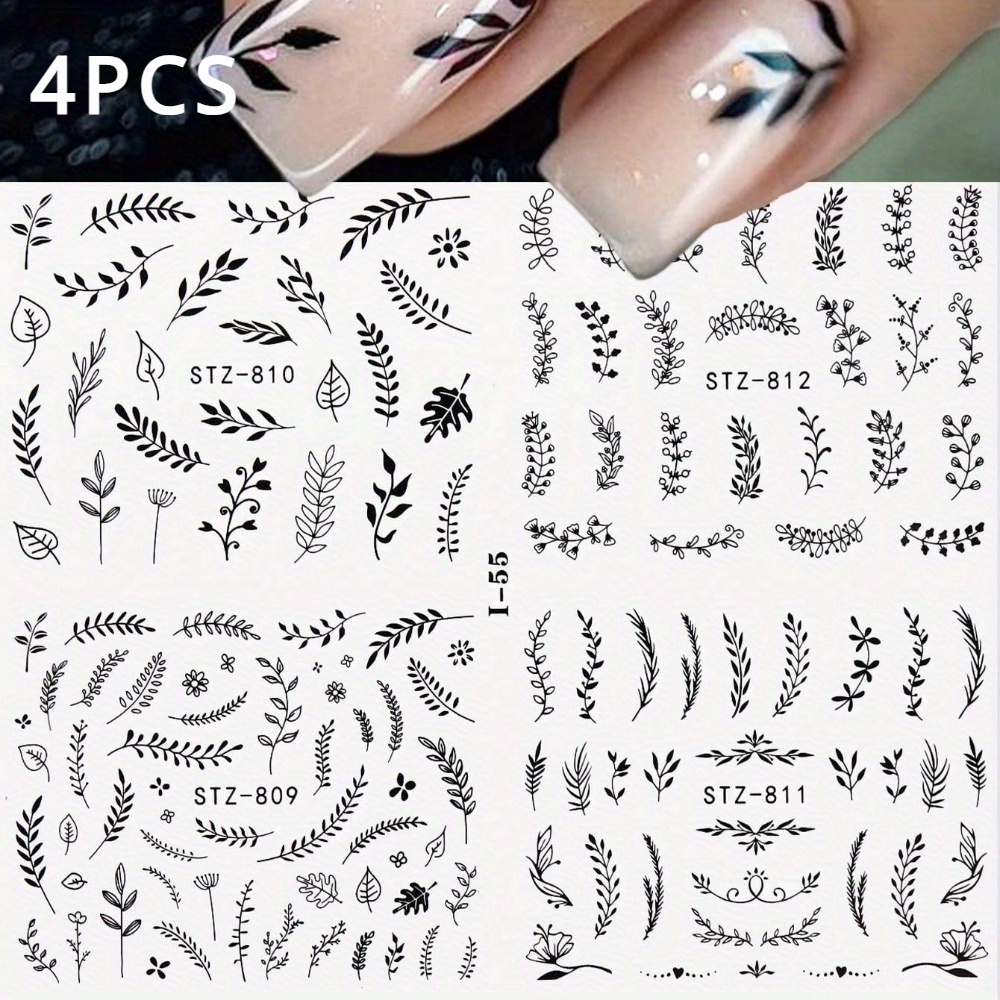 Image of 4pcs Black Nail Stickers Water Transfer Fresh Nail Decals For Nail Art, Palm Nail Design Stickers For Design Manicure Tips Decorations