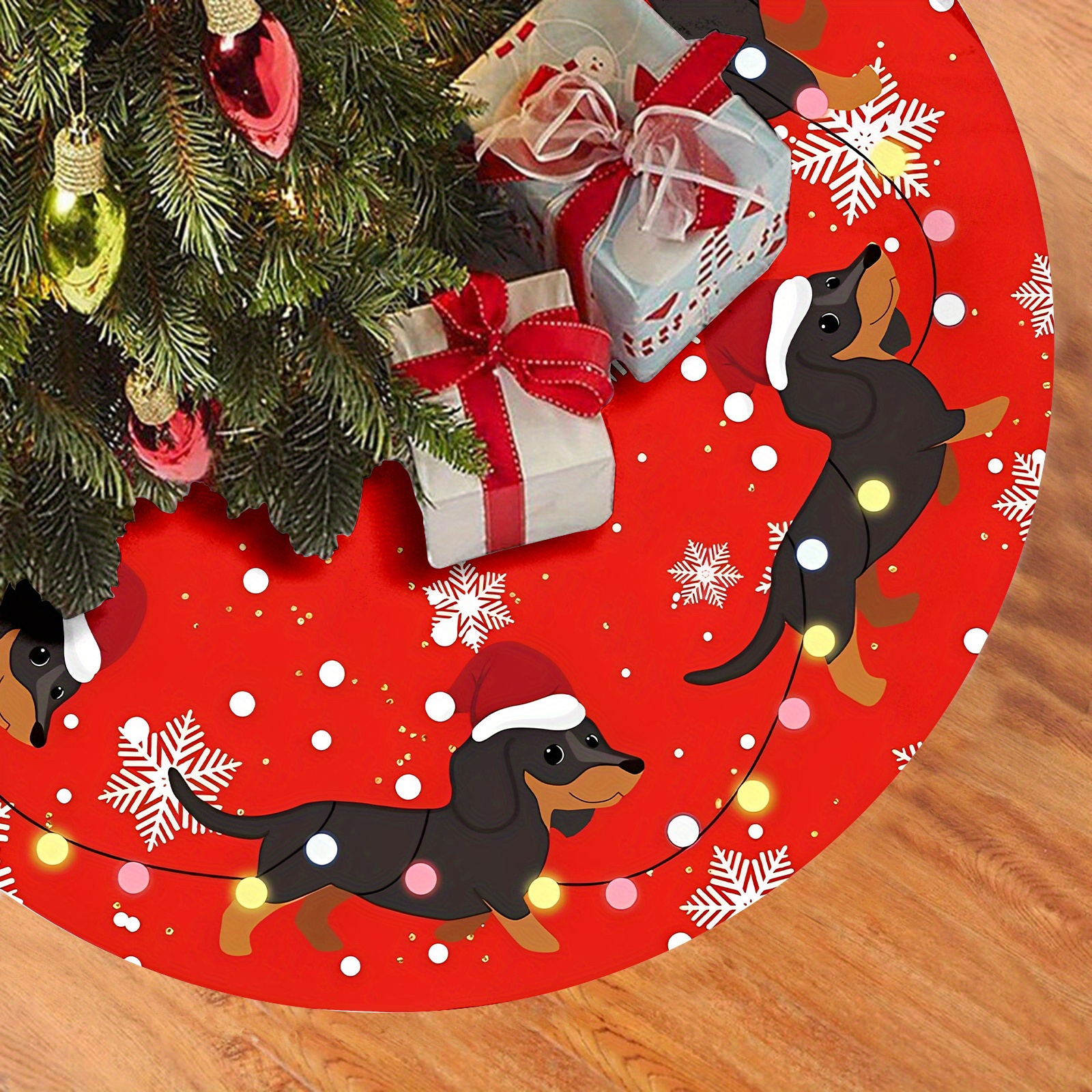 

Dachshund-themed Red Christmas Tree Skirt 48" - Soft Polyester, Indoor/outdoor Holiday Decorations & Farmhouse Style Parties