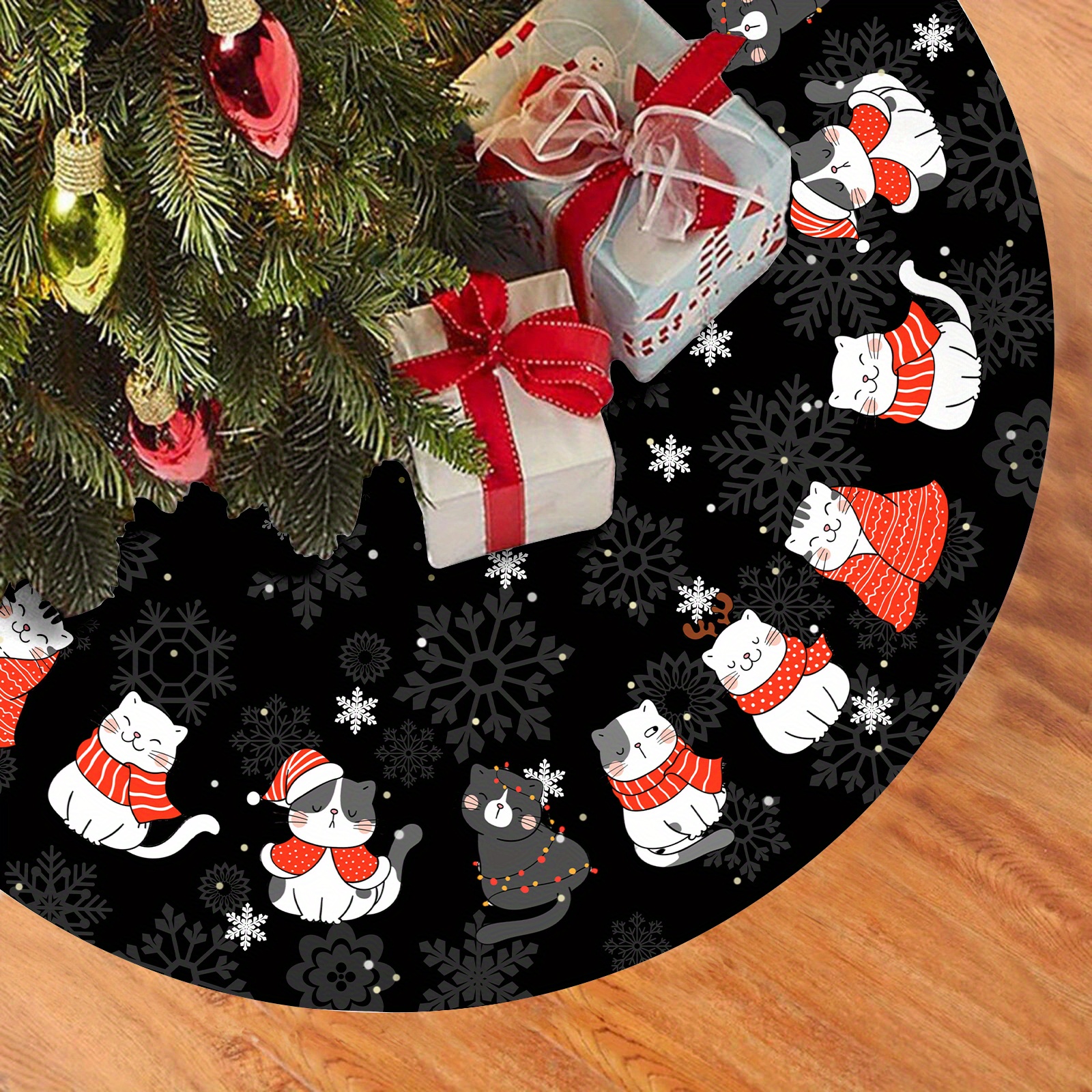 

48 Inch Black Cute Cat Christmas Tree Skirt - Festive Holiday Decoration For Indoor/outdoor Christmas Trees